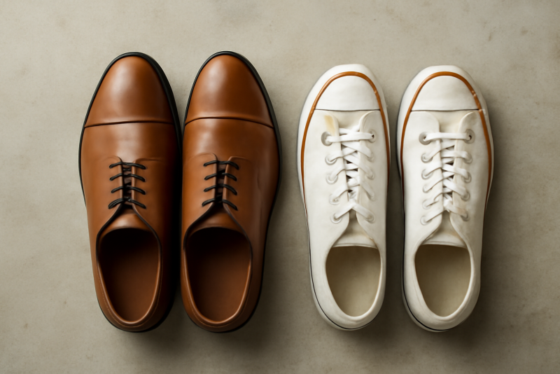 deux styles de chaussures côte à côte sur sol