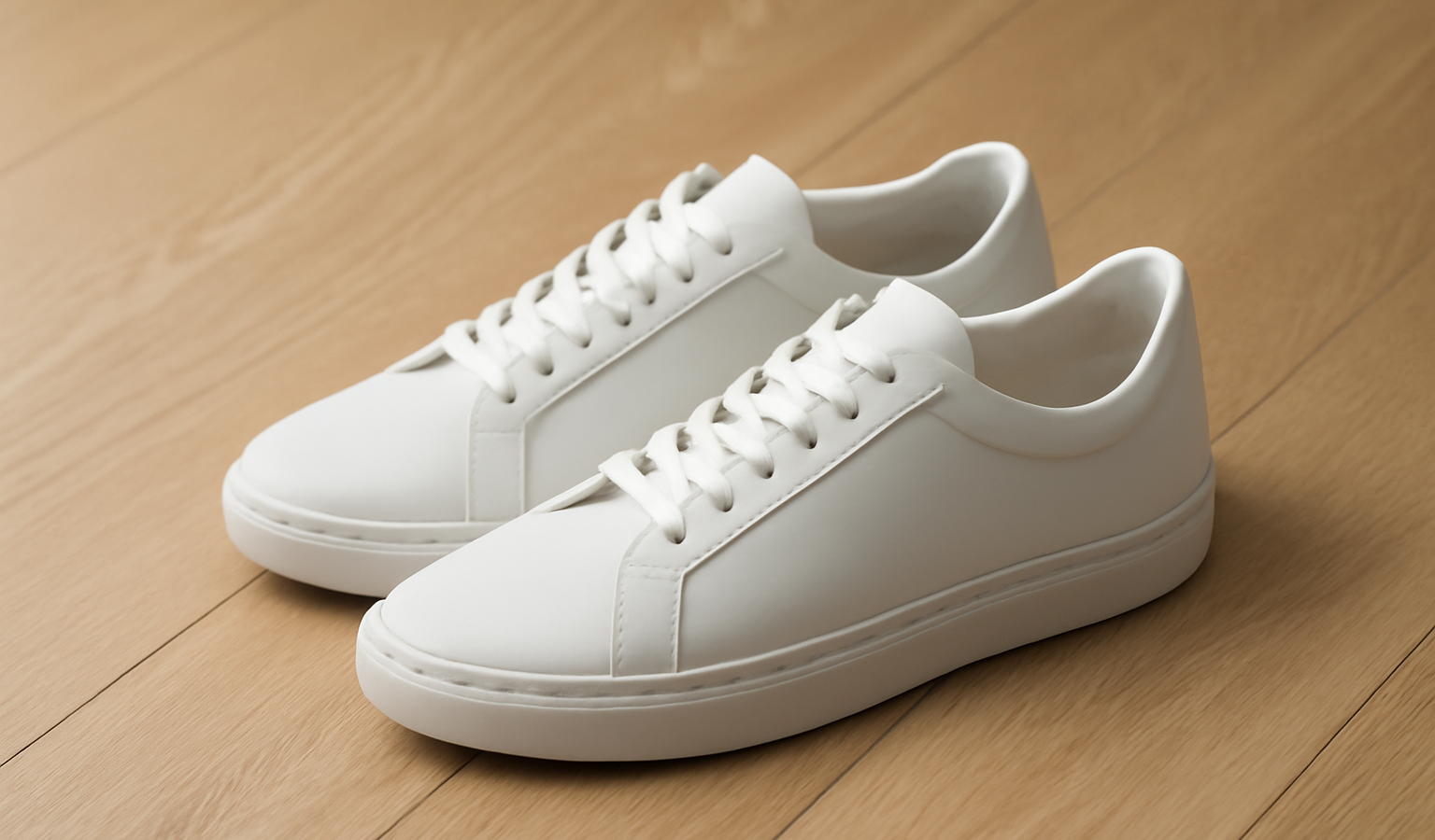 paire de baskets épurées posée sur plancher clair