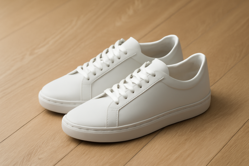 paire de baskets épurées posée sur plancher clair