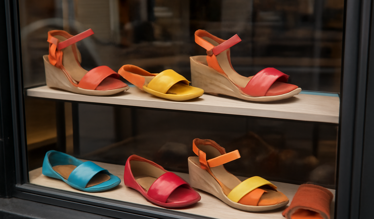 vitrine avec chaussures colorées estivales