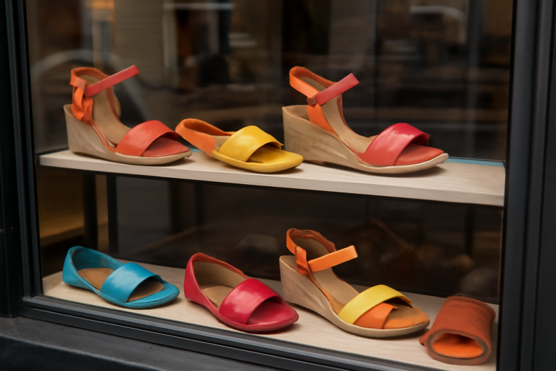vitrine avec chaussures colorées estivales