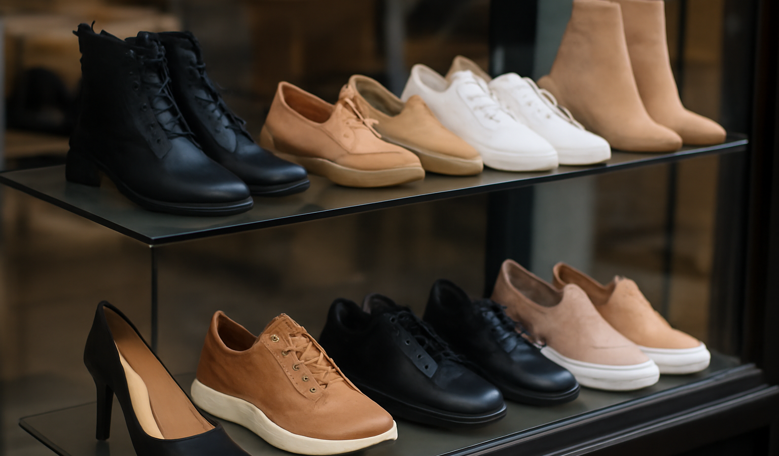 vitrine exposant différentes chaussures tendance