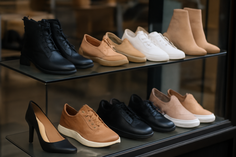 vitrine exposant différentes chaussures tendance