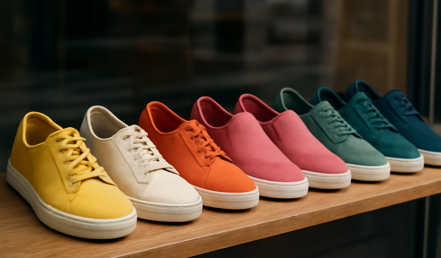 rangee de chaussures colorées en vitrine