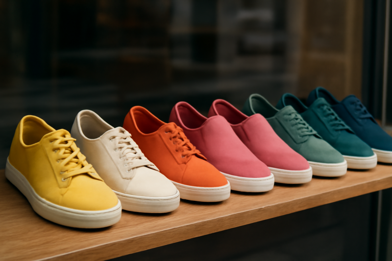 rangee de chaussures colorées en vitrine