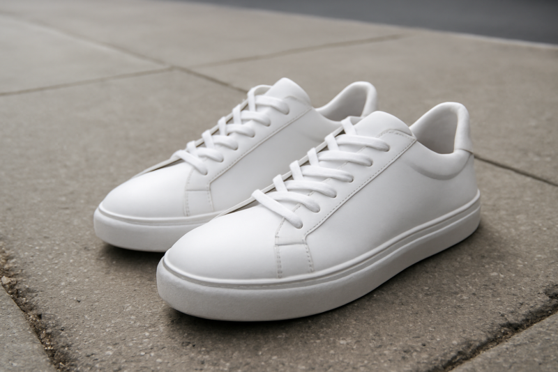 paire de baskets blanches urbaines sur trottoir