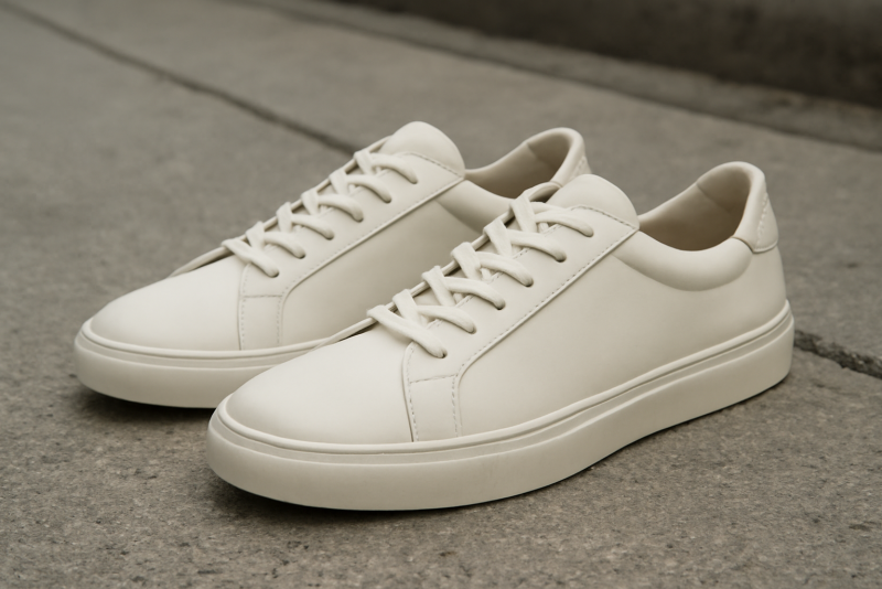 paire de baskets minimalistes posée sur trottoir