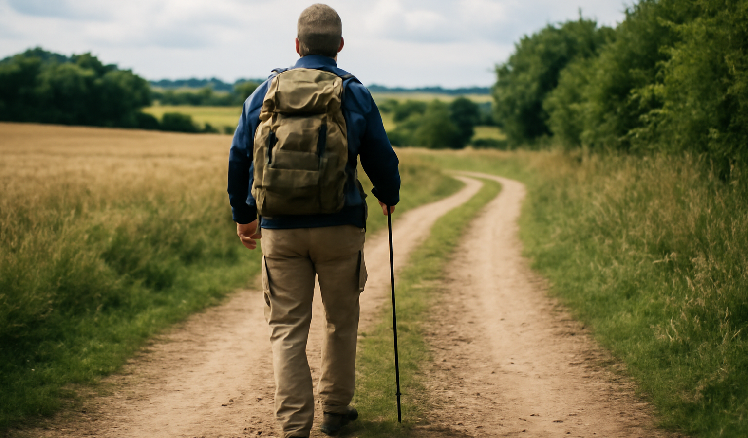 randonneur marchant sur chemin de campagne