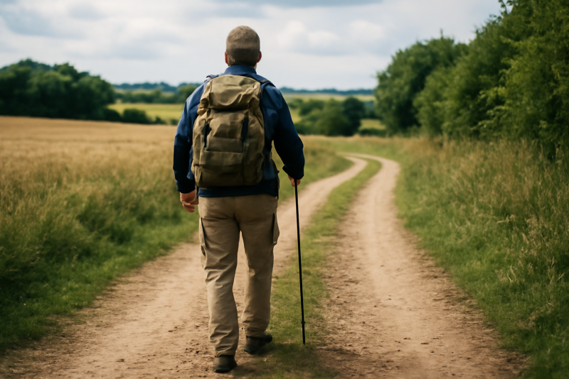 randonneur marchant sur chemin de campagne