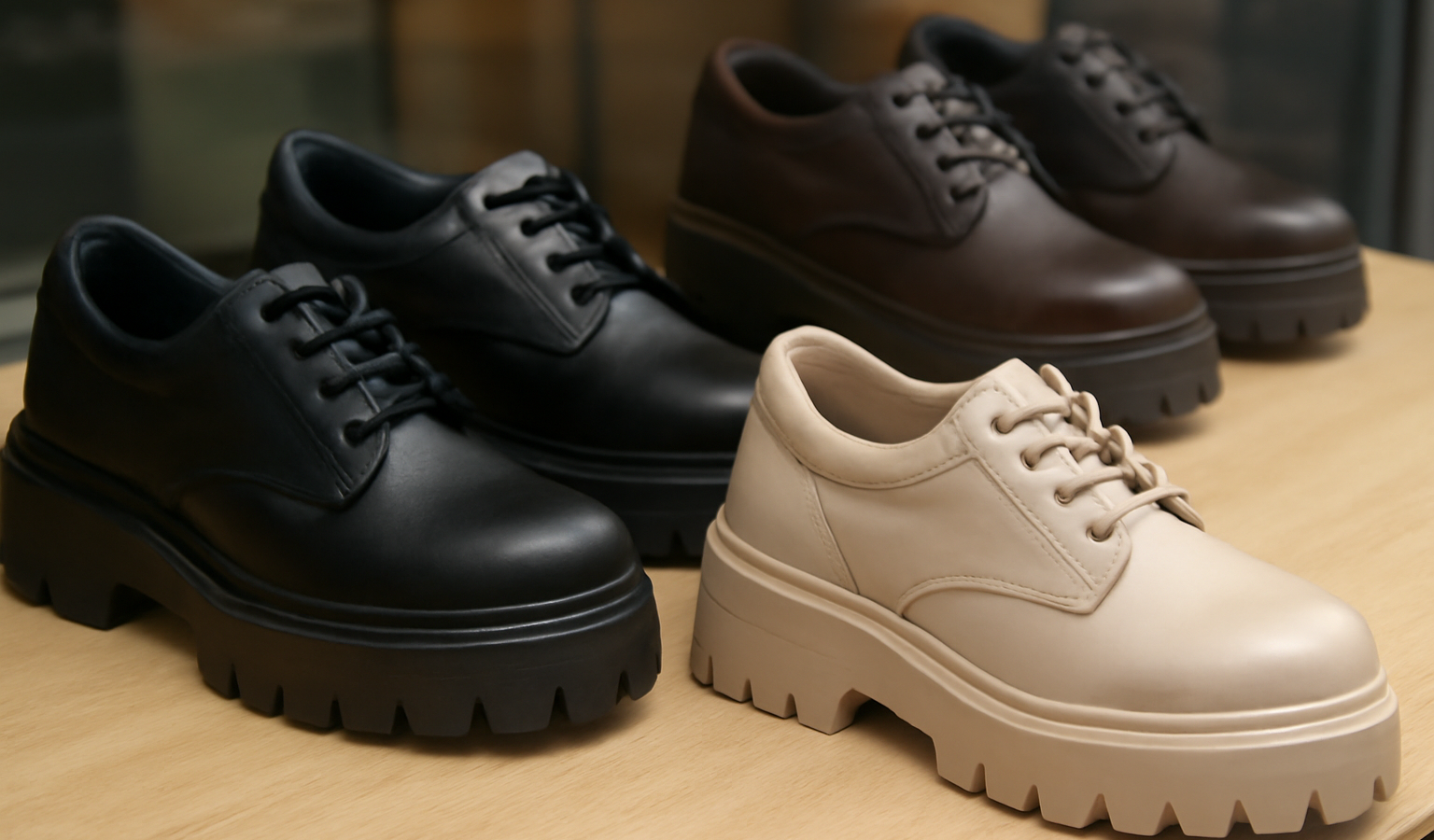 paires de chaussures épaisses exposées en vitrine