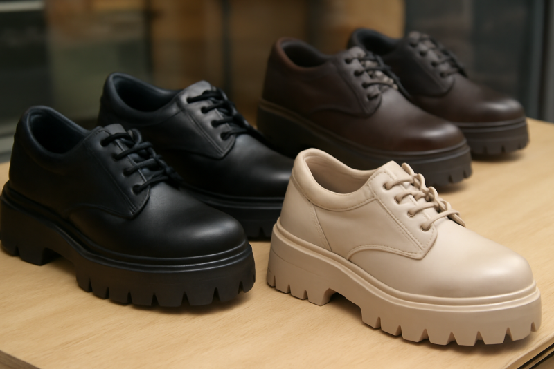 paires de chaussures épaisses exposées en vitrine