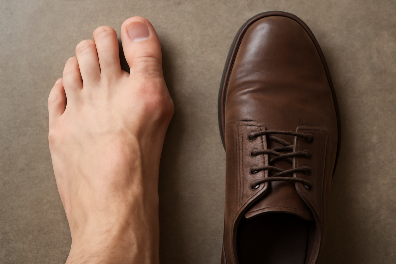pied avec doigt devié et chaussure a cote