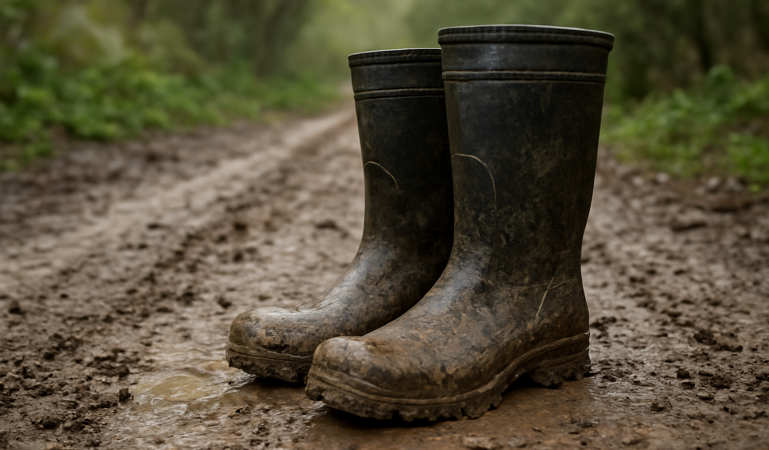 bottes imperméables boueuses sur sentier