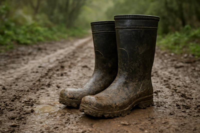 bottes imperméables boueuses sur sentier