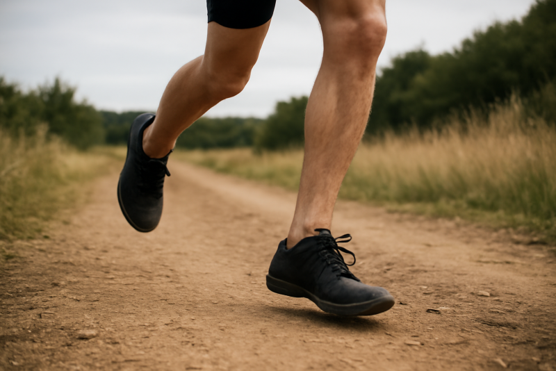 personne courant en chaussures minimalistes sur chemin