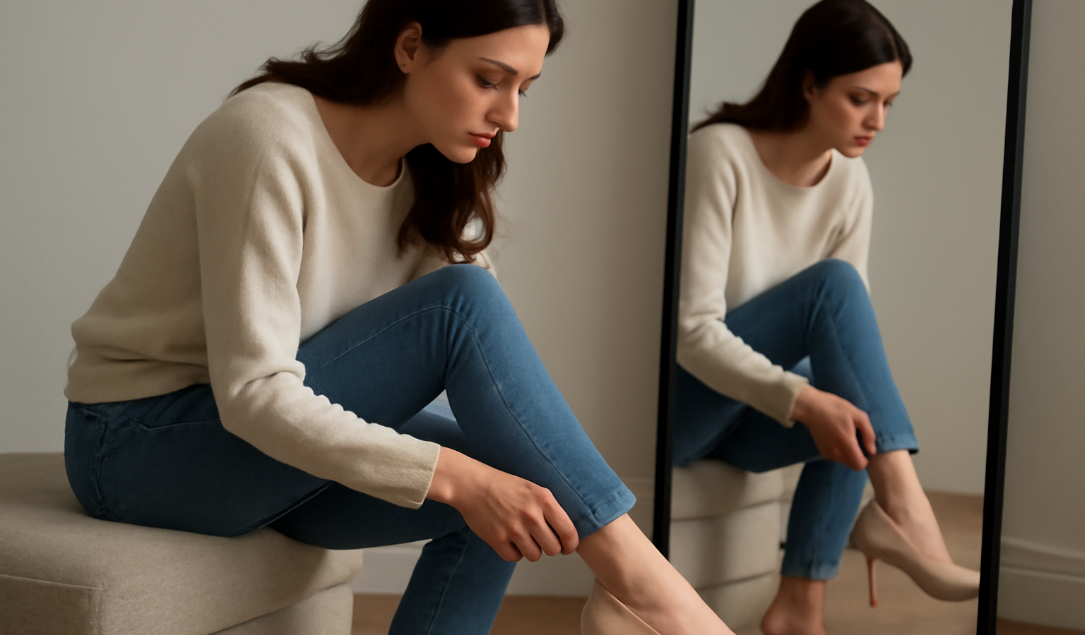 personne essayant une chaussure devant miroir