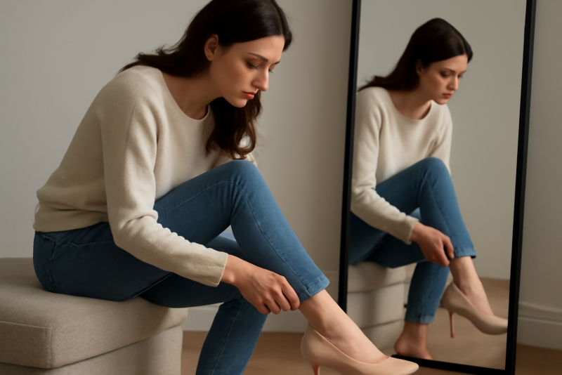 personne essayant une chaussure devant miroir