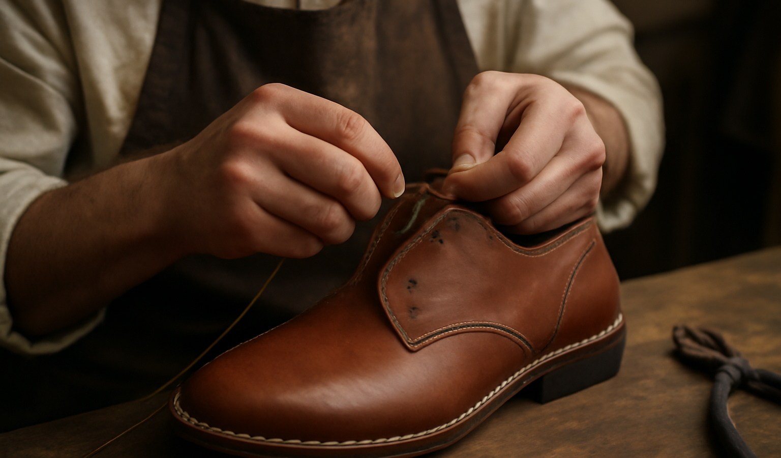 artisan cousant une paire de chaussures a la main