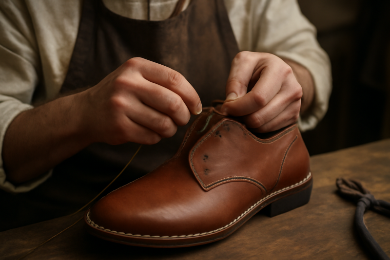 artisan cousant une paire de chaussures a la main