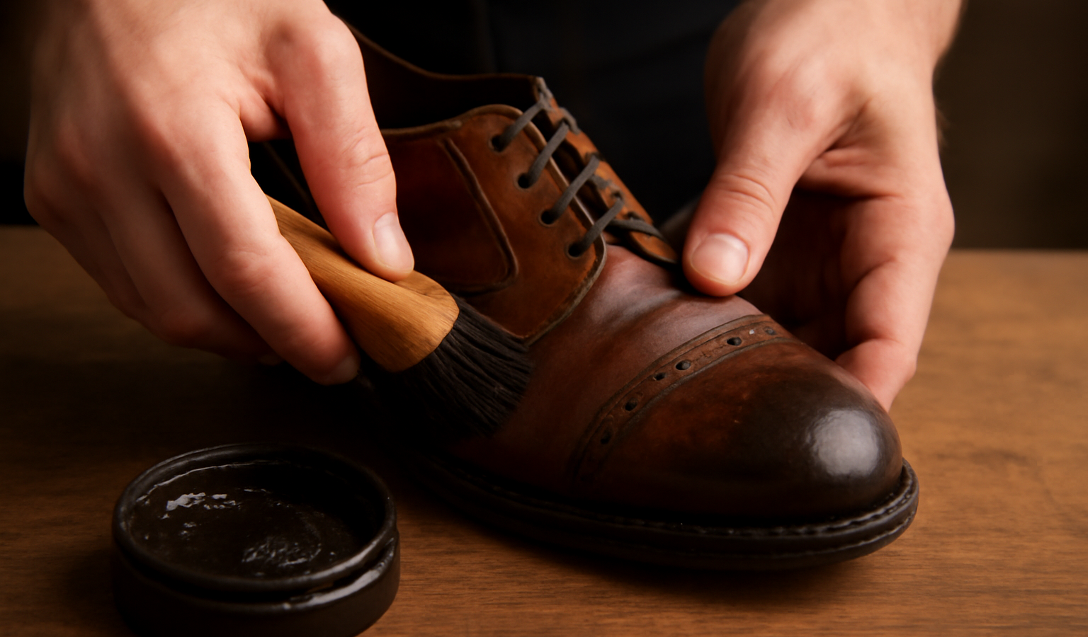 main appliquant cirage sur chaussure ancienne en cuir