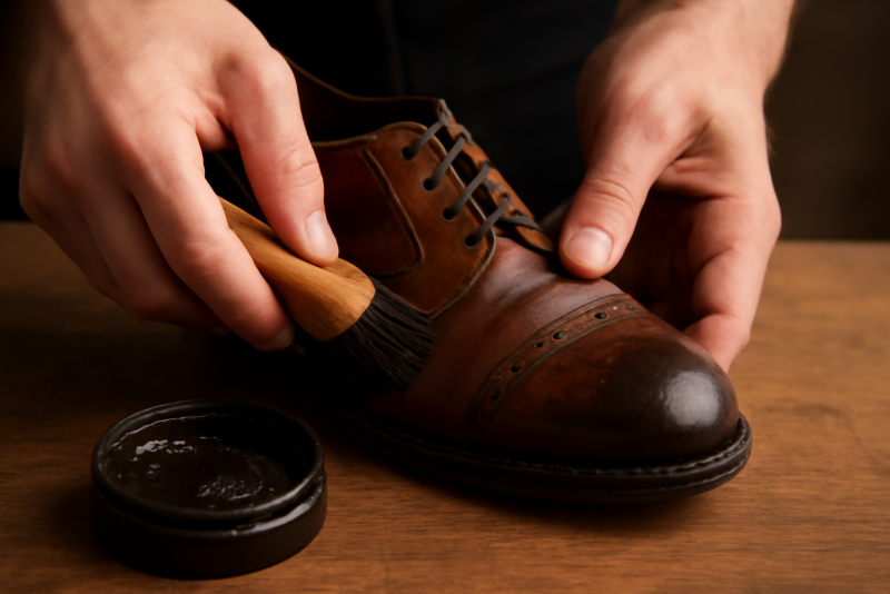main appliquant cirage sur chaussure ancienne en cuir