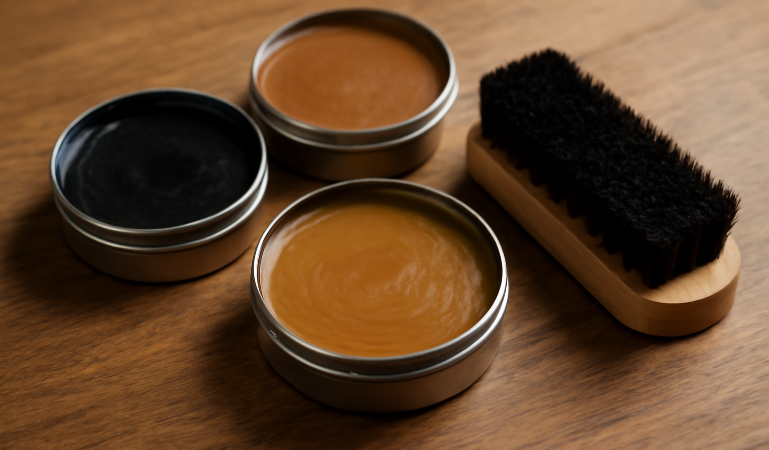 pots de cire et brosse poses sur table