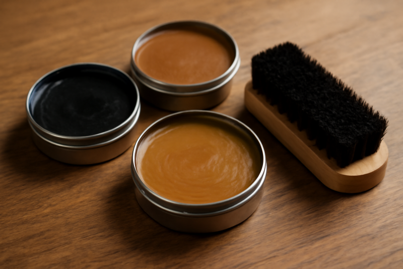 pots de cire et brosse poses sur table