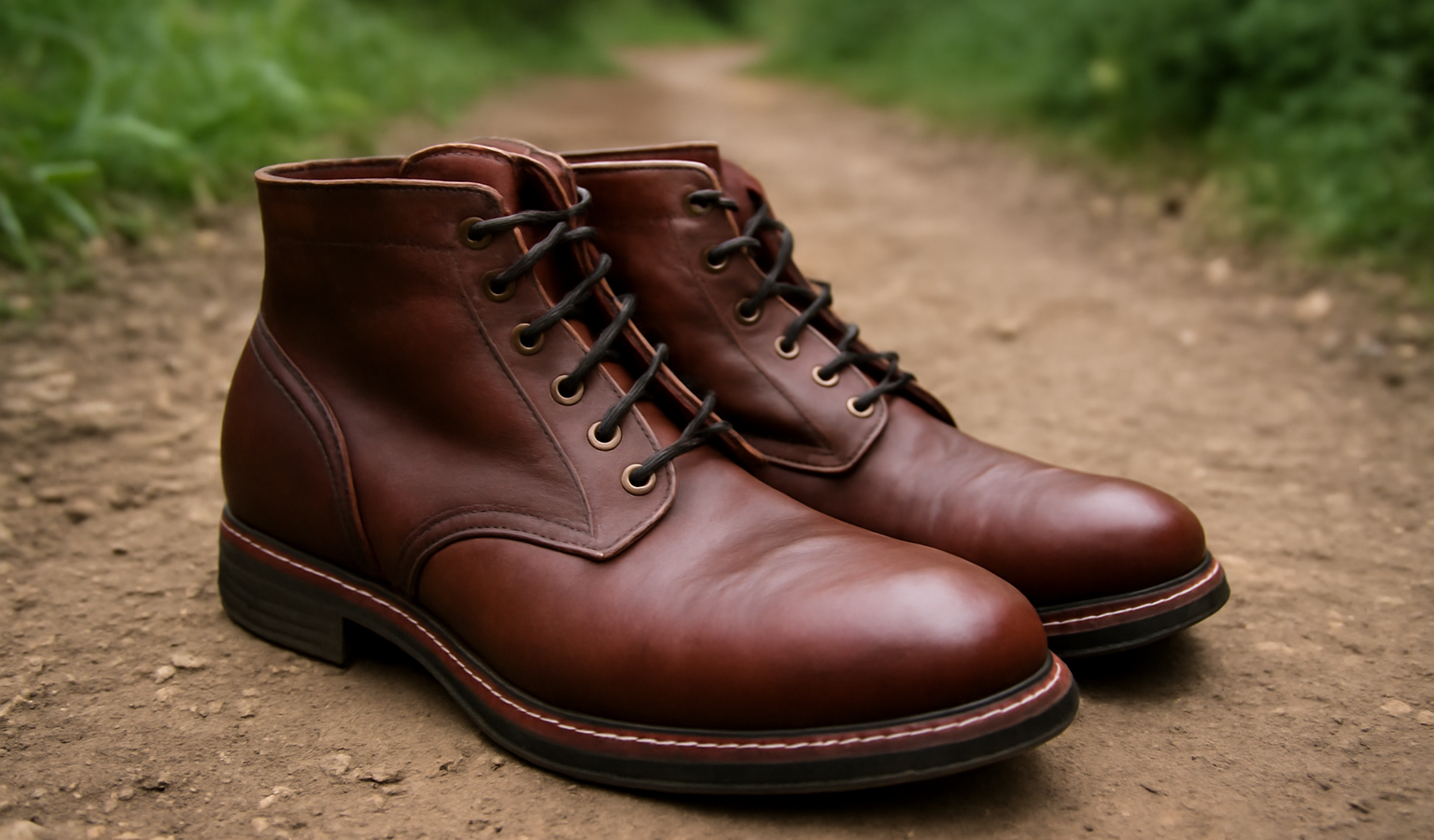 paire de bottines en cuir posée sur sentier
