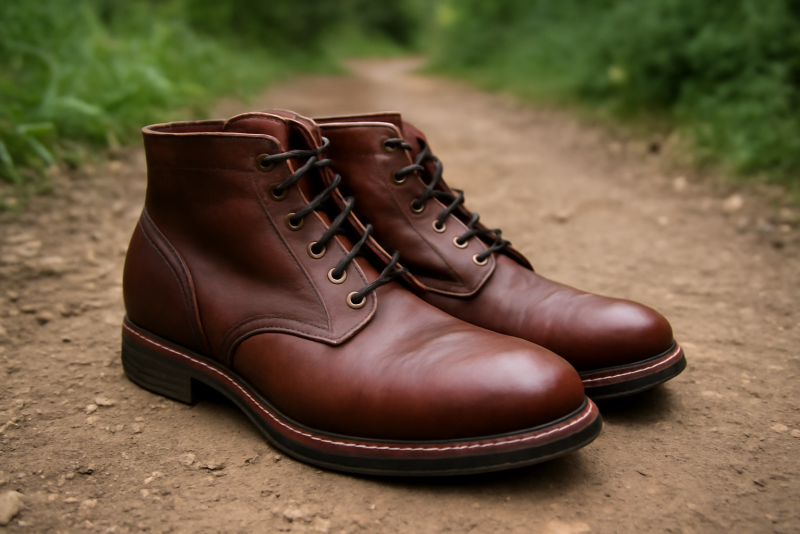 paire de bottines en cuir posée sur sentier