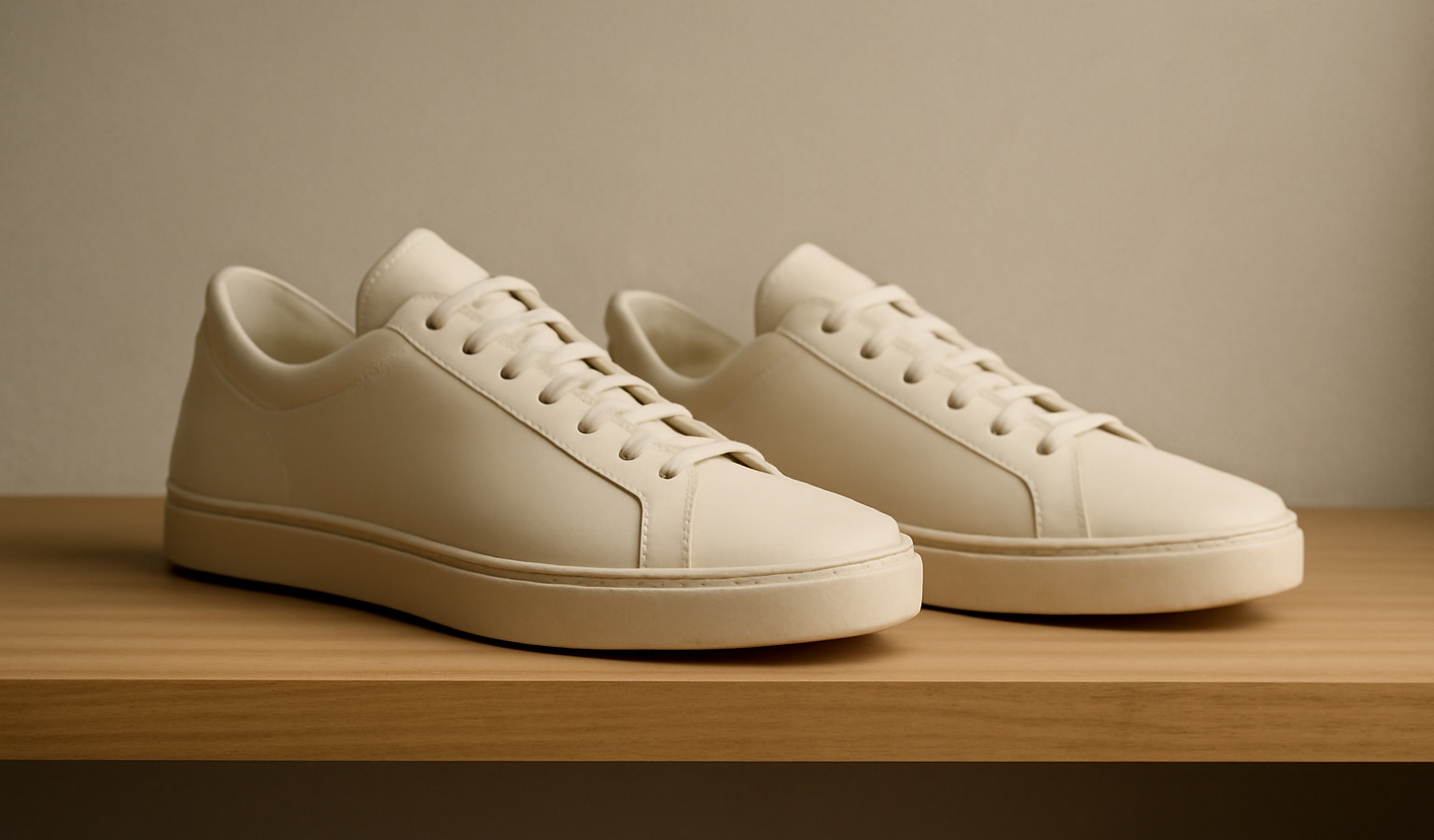 sneakers minimalistes posees sur etagere en bois