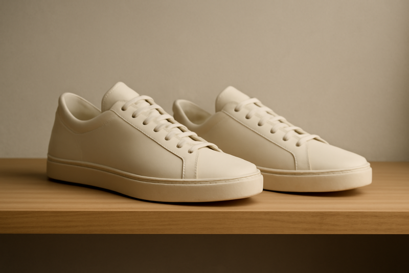 sneakers minimalistes posees sur etagere en bois