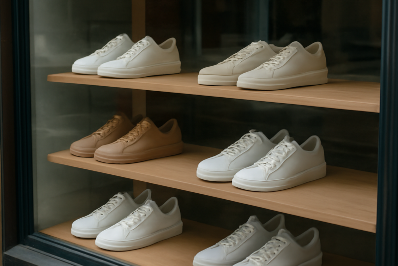 vitrine présentant plusieurs sneakers originales minimalistes
