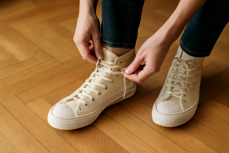 personne mettant des baskets montantes sur parquet