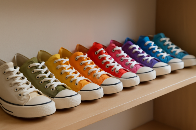 rangée de chaussures colorées alignées sur étagère