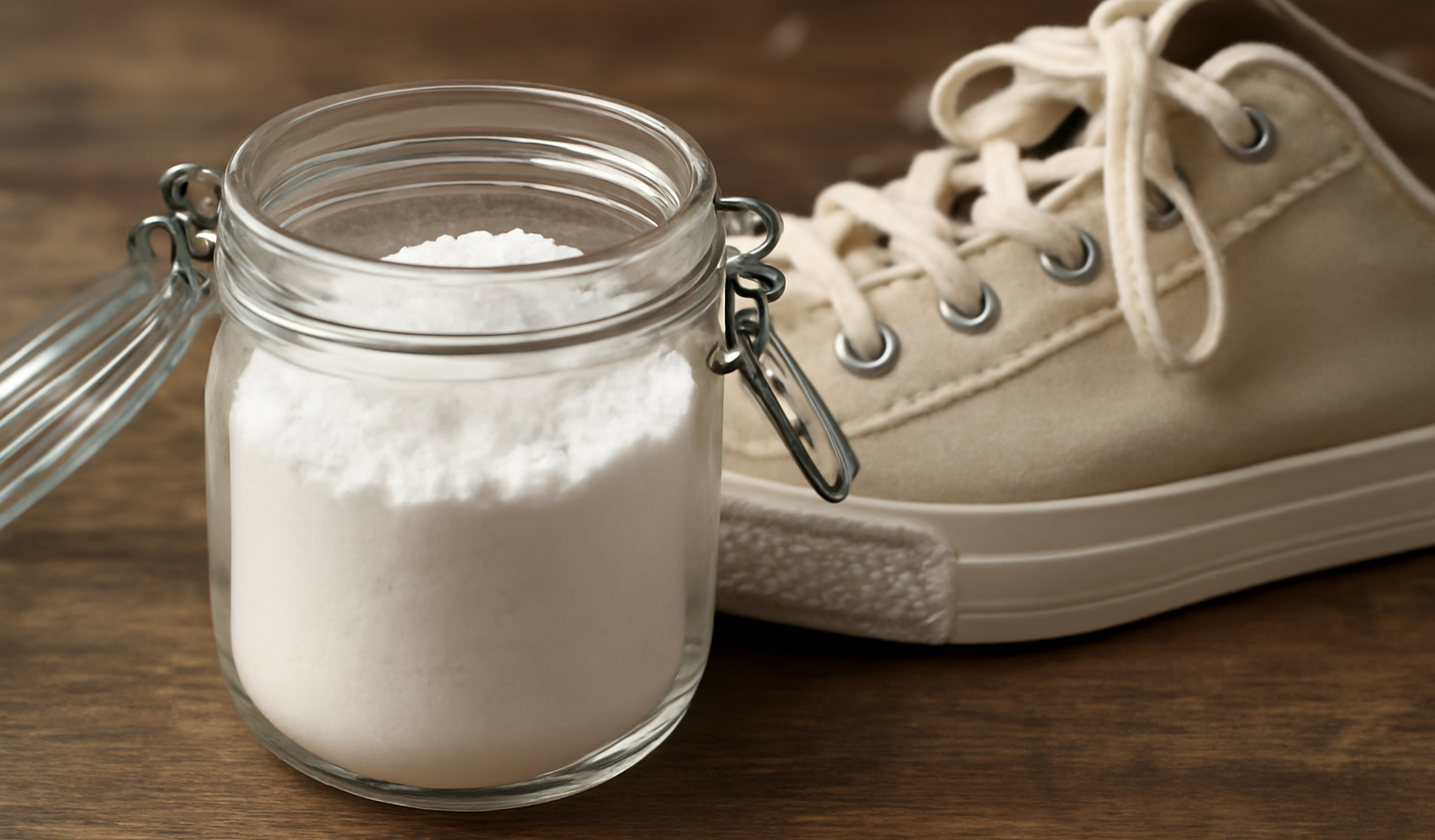 bocal avec bicarbonate pres d'une chaussure