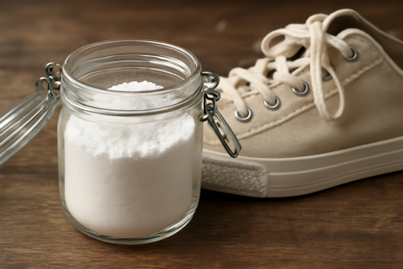 bocal avec bicarbonate pres d'une chaussure