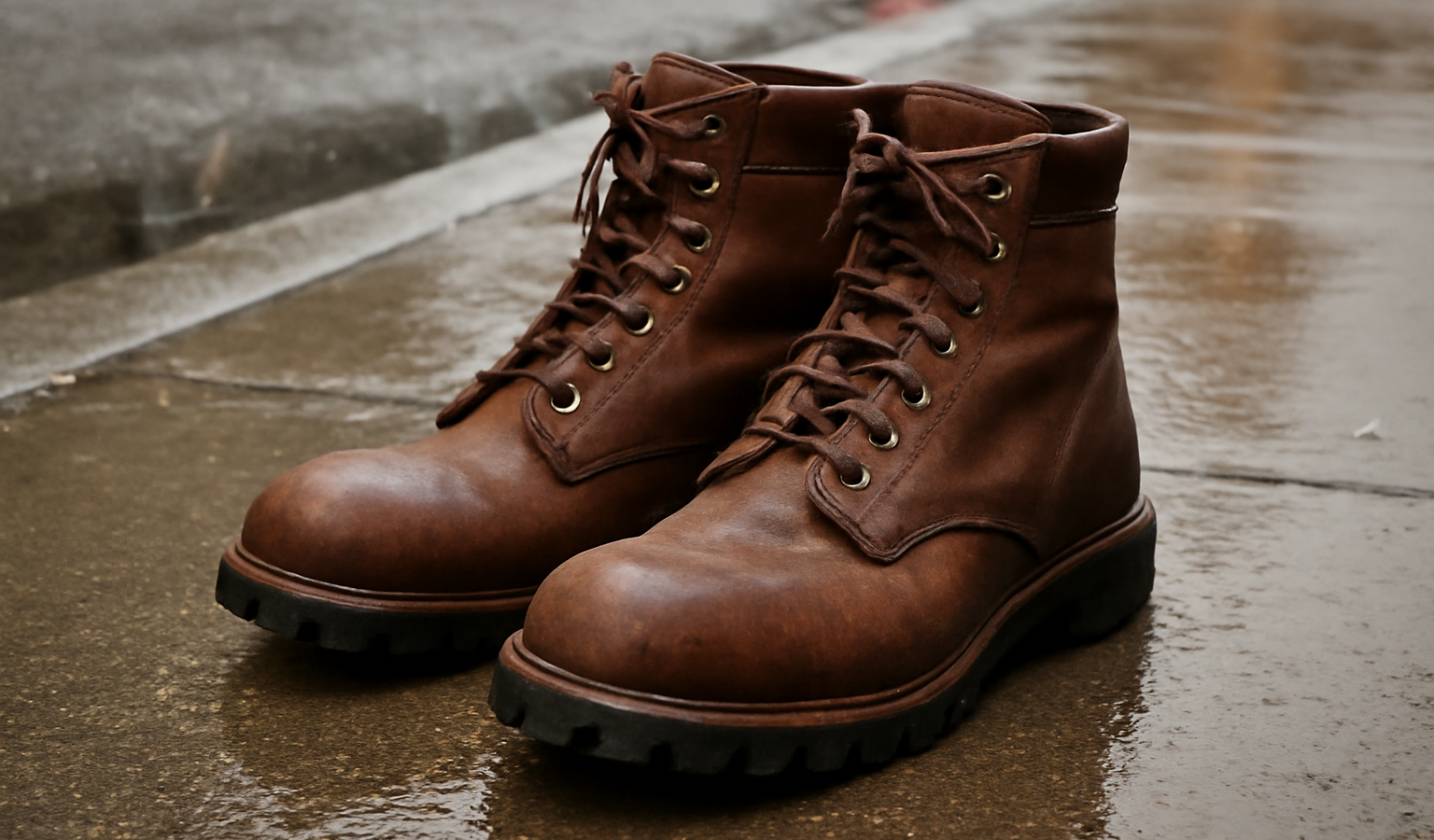 paire de boots robustes posees sur trottoir mouille