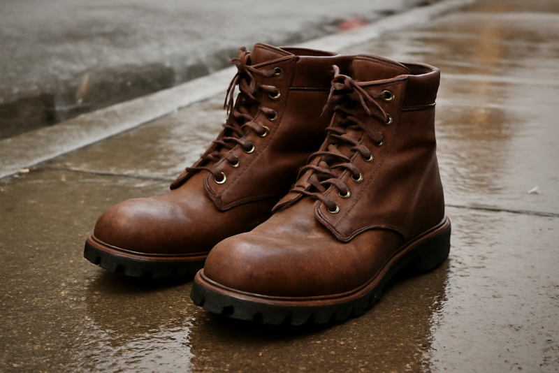 paire de boots robustes posees sur trottoir mouille