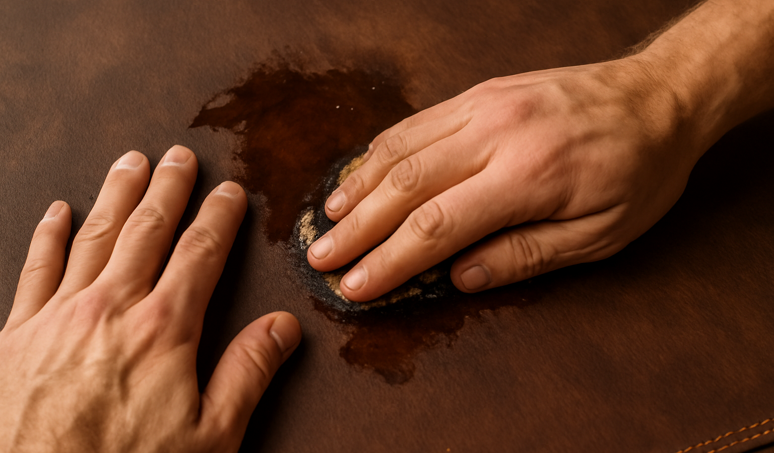 mains frottant tache d'huile sur cuir