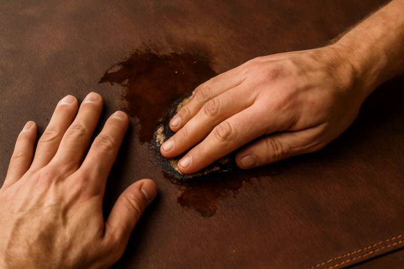 mains frottant tache d'huile sur cuir
