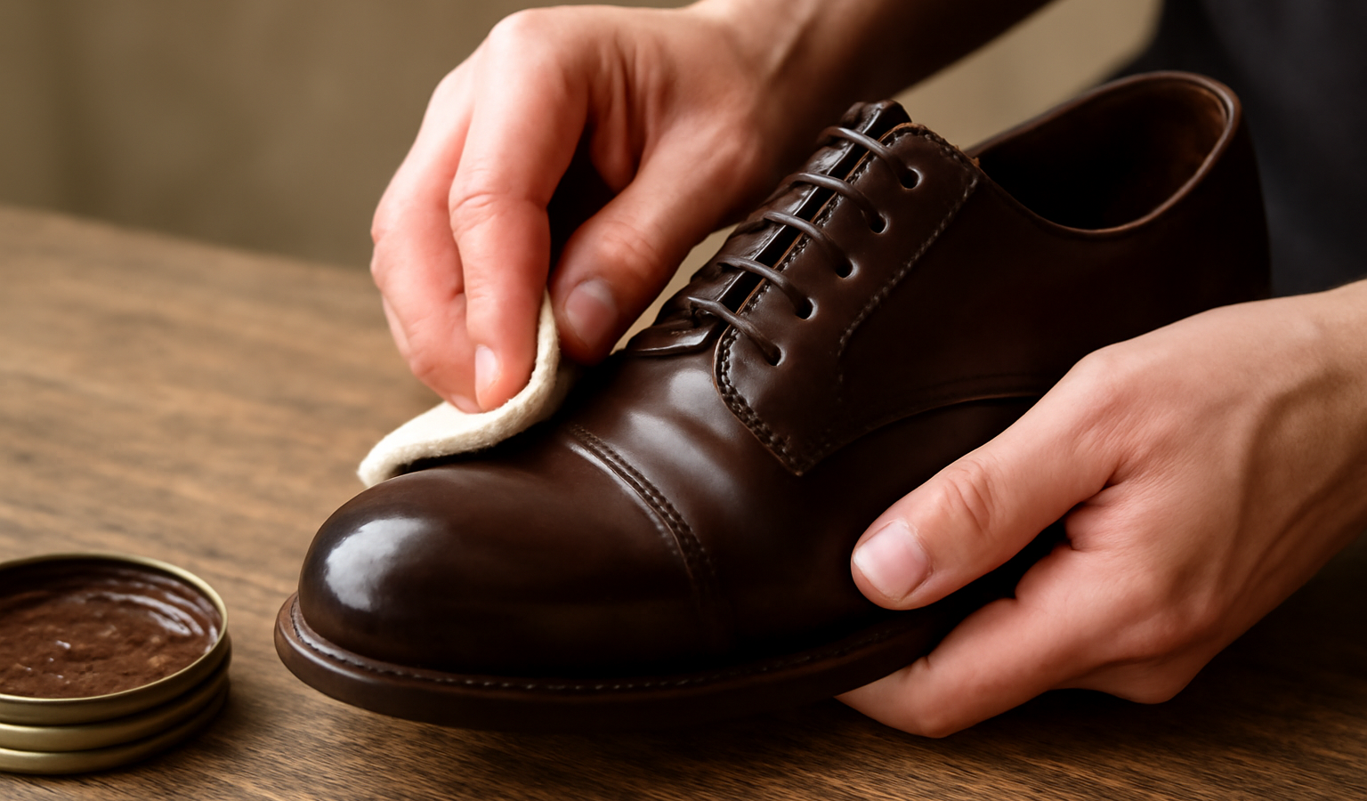 mains appliquant cire sur chaussure en cuir