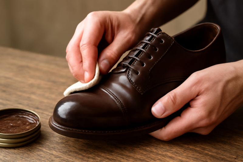mains appliquant cire sur chaussure en cuir