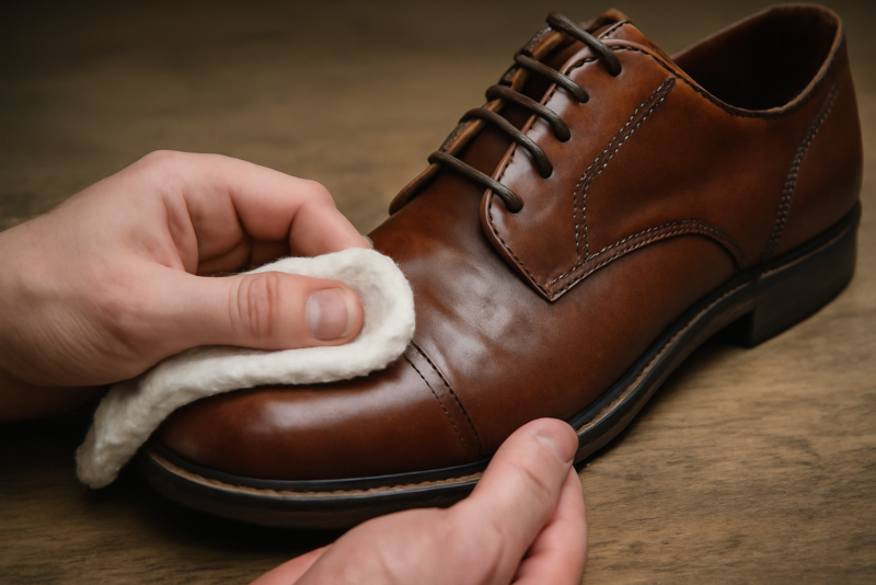 mains nettoyant une chaussure en cuir