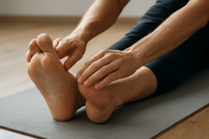 pieds nus faisant étirements sur tapis