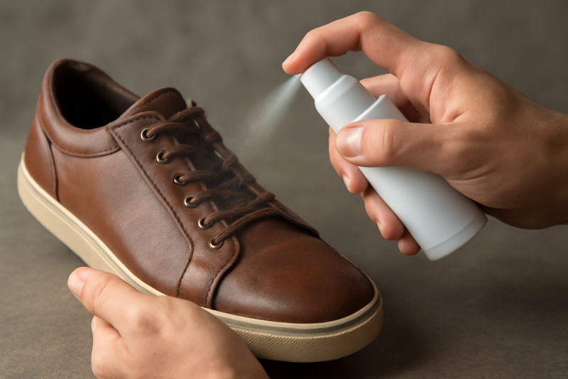 mains appliquant spray sur paire de chaussures