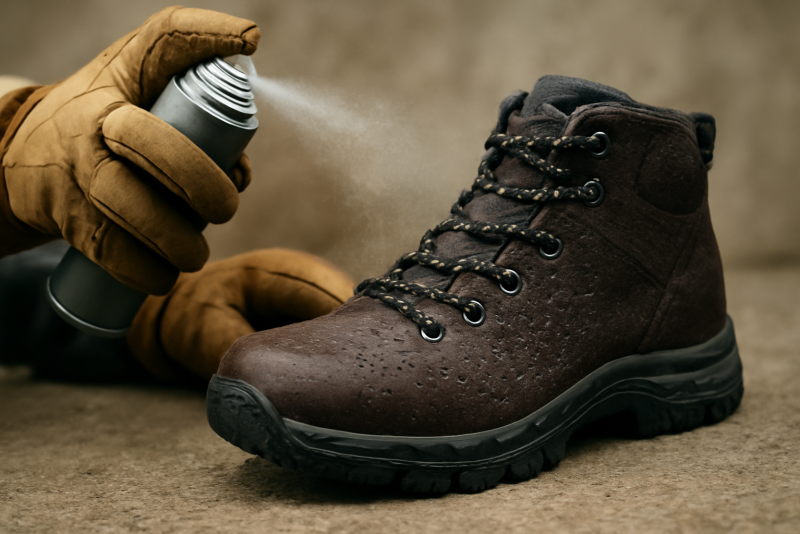 gants appliquant spray imperméabilisant sur chaussures de randonnée