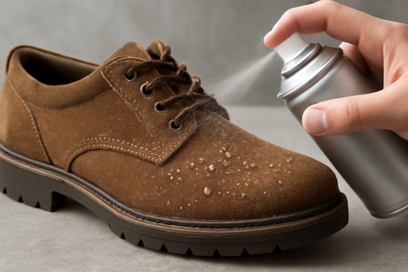 spray imperméabilisant appliqué sur une chaussure