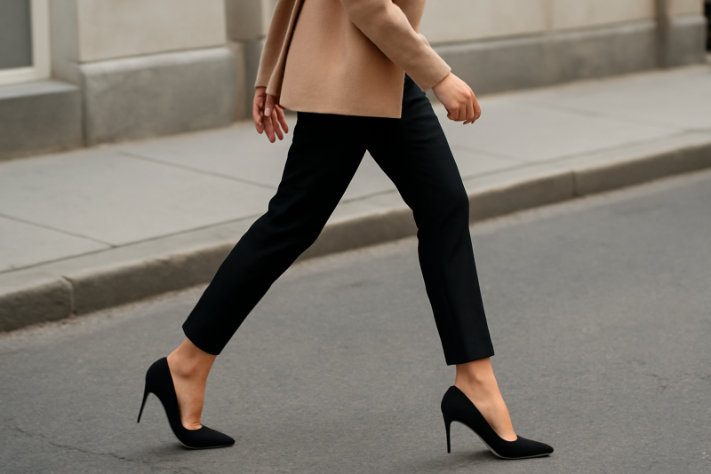 femme en talons marchant sur trottoir