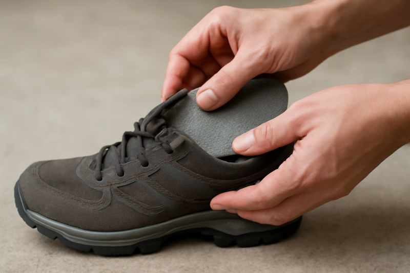 mains insérant semelle dans chaussure de marche