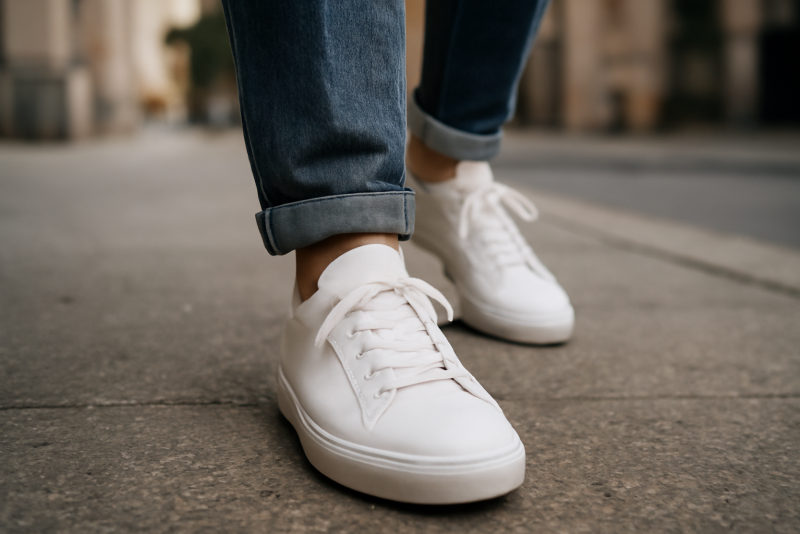personne marchant en baskets blanches